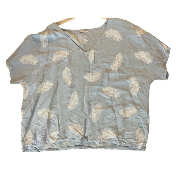 Made in Italy Blue Feather Print Rayon Blouse‎ Top Women’s One Size - Picture 1 of 10